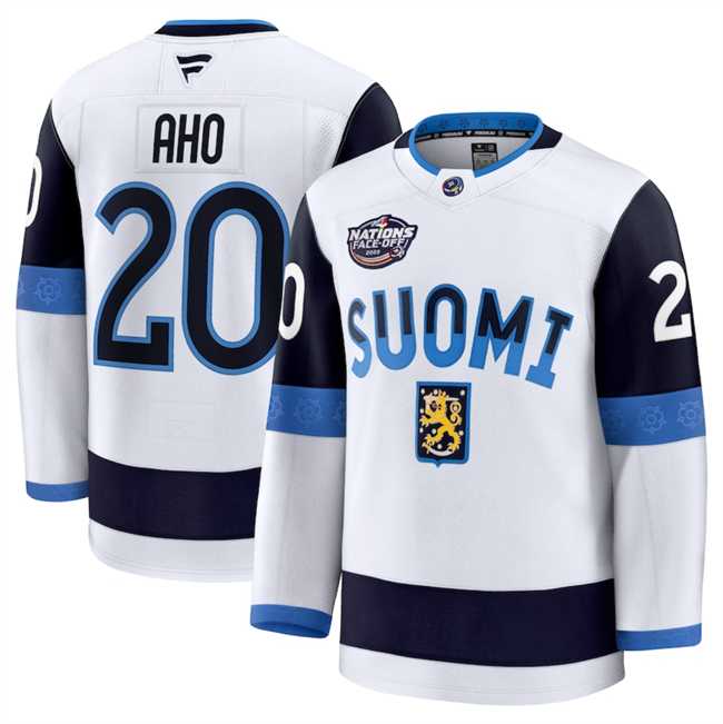 Mens Finland #20 Sebastian Aho White 2025 4 Nations Face-Off Premium Stitched Jersey Dzhi